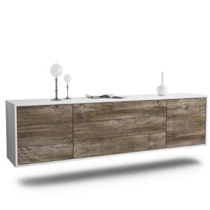 Lowboard Orlando | hängend | Korpus Weiß | Front in Treibholz Holz Optik | 180x49x35cm (BxHxT)