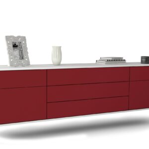 Lowboard Orlando | hängend | Korpus Weiß | Front in Bordeaux | 180x49x35cm (BxHxT)
