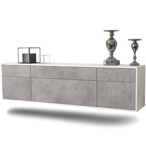 Lowboard Baton Rouge | hängend | Korpus Weiß | Front in Beton Optik | 180x49x35cm (BxHxT)