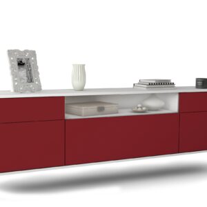 Lowboard Chesapeake | hängend | Korpus Weiß | Front in Bordeaux | 180x49x35cm (BxHxT)