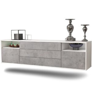 Lowboard Krefeld | hängend | Korpus Weiß | Front in Beton Optik | 180x49x35cm (BxHxT)