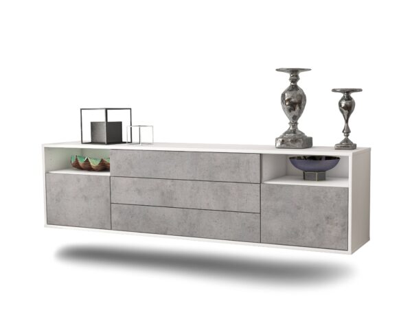 Lowboard Krefeld | hängend | Korpus Weiß | Front in Beton Optik | 180x49x35cm (BxHxT)