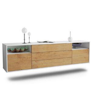 Lowboard Krefeld | hängend | Korpus Weiß | Front in Eiche Holz Optik | 180x49x35cm (BxHxT)
