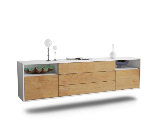 Lowboard Krefeld | hängend | Korpus Weiß | Front in Eiche Holz Optik | 180x49x35cm (BxHxT)