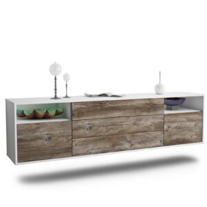 Lowboard Krefeld | hängend | Korpus Weiß | Front in Treibholz Holz Optik | 180x49x35cm (BxHxT)