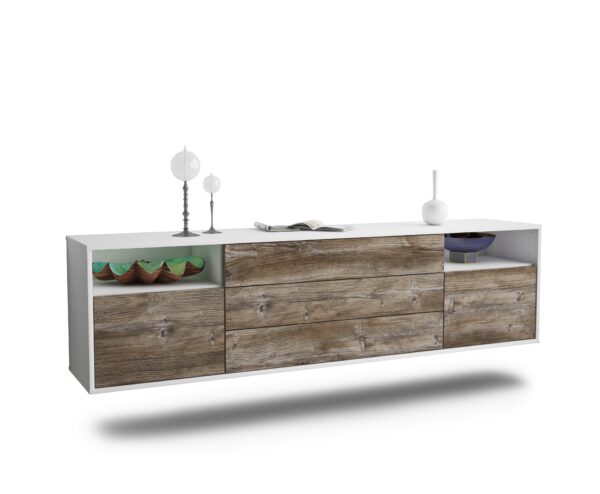 Lowboard Krefeld | hängend | Korpus Weiß | Front in Treibholz Holz Optik | 180x49x35cm (BxHxT)