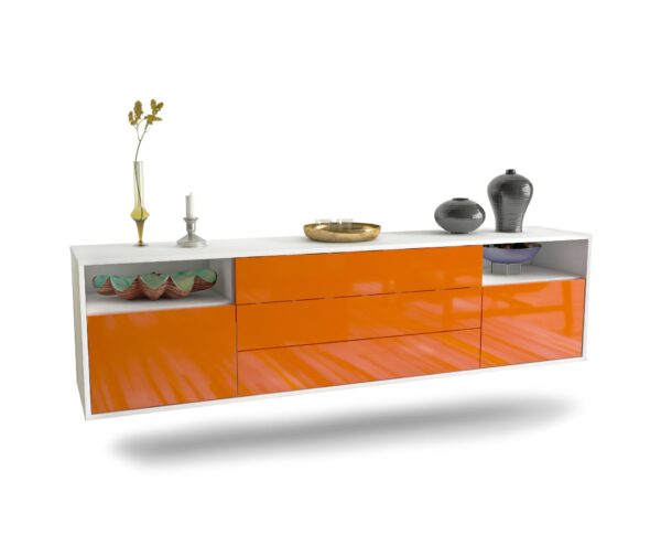 Lowboard Krefeld | hängend | Korpus Weiß | Front in Hochglanz Orange | 180x49x35cm (BxHxT)