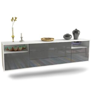 Lowboard Krefeld | hängend | Korpus Weiß | Front in Hochglanz Grau | 180x49x35cm (BxHxT)