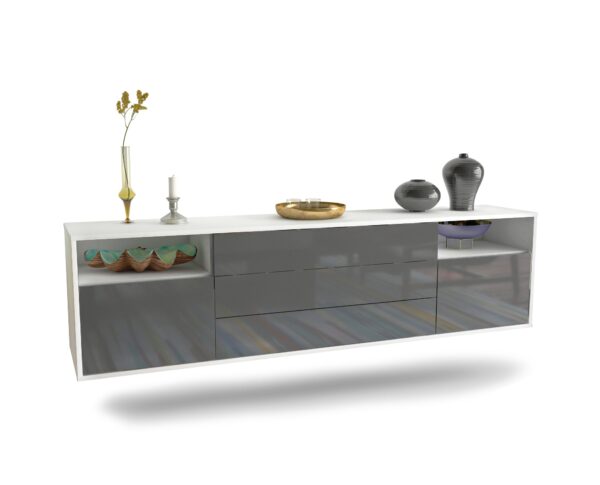 Lowboard Krefeld | hängend | Korpus Weiß | Front in Hochglanz Grau | 180x49x35cm (BxHxT)