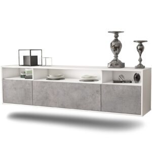 Lowboard Durham | hängend | Korpus Weiß | Front in Beton Optik | 180x49x35cm (BxHxT)