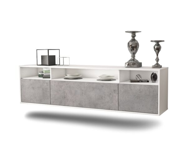 Lowboard Durham | hängend | Korpus Weiß | Front in Beton Optik | 180x49x35cm (BxHxT)