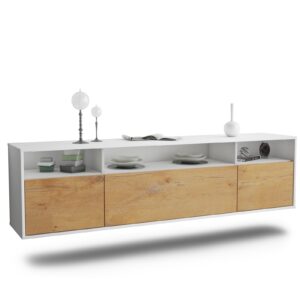 Lowboard Durham | hängend | Korpus Weiß | Front in Eiche Holz Optik | 180x49x35cm (BxHxT)