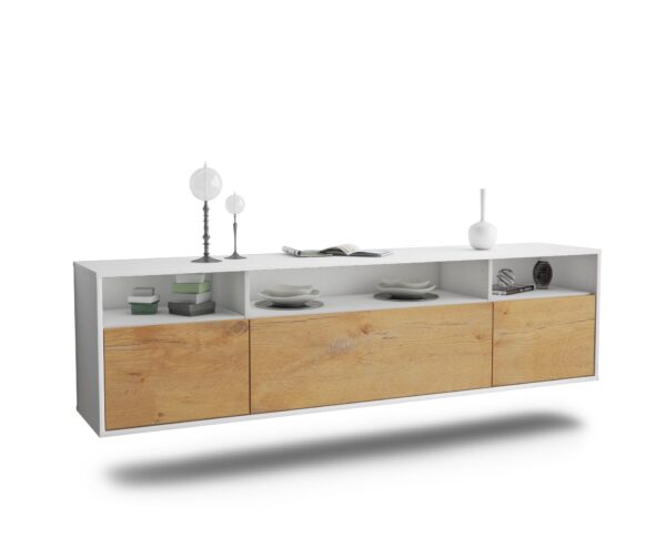 Lowboard Durham | hängend | Korpus Weiß | Front in Eiche Holz Optik | 180x49x35cm (BxHxT)