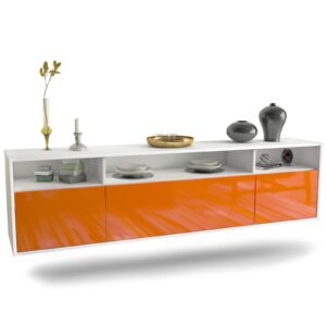 Lowboard Durham | hängend | Korpus Weiß | Front in Hochglanz Orange | 180x49x35cm (BxHxT)