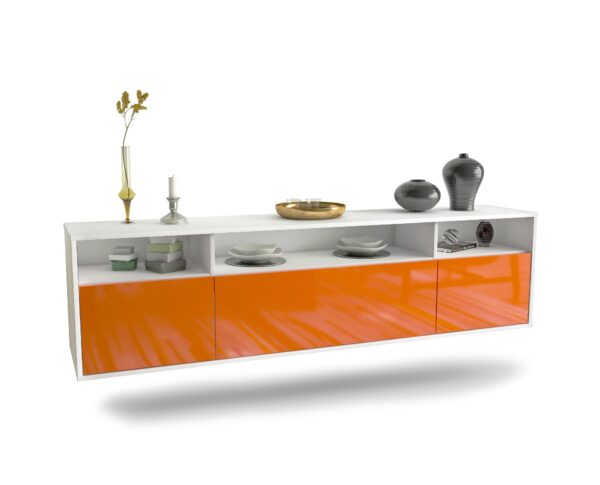 Lowboard Durham | hängend | Korpus Weiß | Front in Hochglanz Orange | 180x49x35cm (BxHxT)