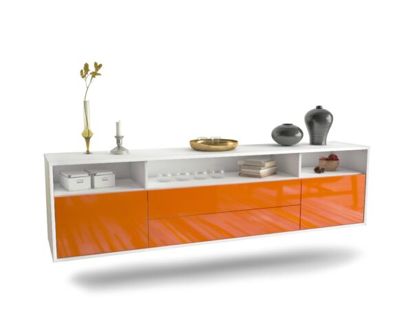Lowboard Laredo | hängend | Korpus Weiß | Front in Hochglanz Orange | 180x49x35cm (BxHxT)