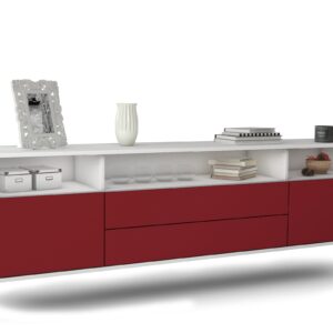 Lowboard Laredo | hängend | Korpus Weiß | Front in Bordeaux | 180x49x35cm (BxHxT)