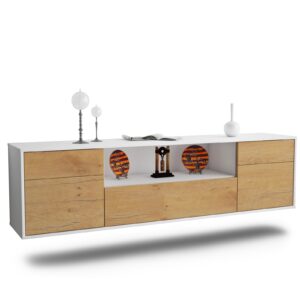 Lowboard Lubbock | hängend | Korpus Weiß | Front in Eiche Holz Optik | 180x49x35cm (BxHxT)