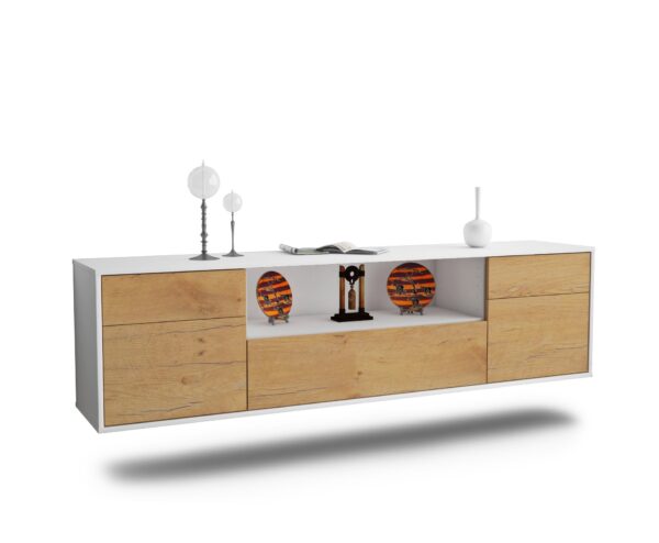 Lowboard Lubbock | hängend | Korpus Weiß | Front in Eiche Holz Optik | 180x49x35cm (BxHxT)