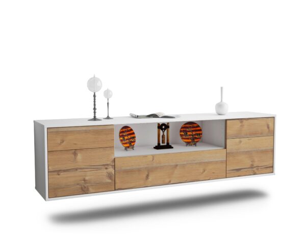 Lowboard Lubbock | hängend | Korpus Weiß | Front in Pinie Holz Optik | 180x49x35cm (BxHxT)