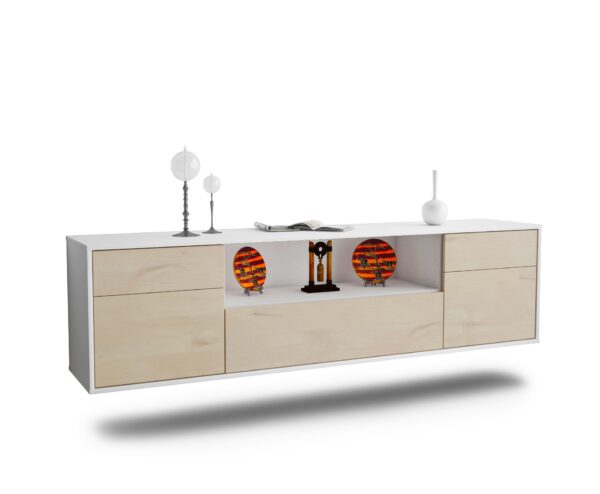 Lowboard Lubbock | hängend | Korpus Weiß | Front in Zeder Holz Optik | 180x49x35cm (BxHxT)