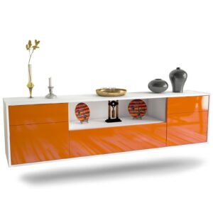 Lowboard Lubbock | hängend | Korpus Weiß | Front in Hochglanz Orange | 180x49x35cm (BxHxT)