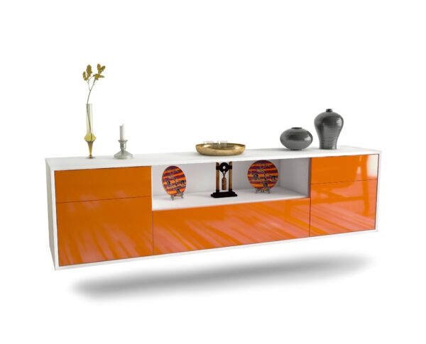 Lowboard Lubbock | hängend | Korpus Weiß | Front in Hochglanz Orange | 180x49x35cm (BxHxT)