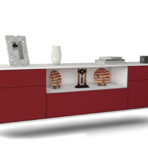 Lowboard Lubbock | hängend | Korpus Weiß | Front in Bordeaux | 180x49x35cm (BxHxT)