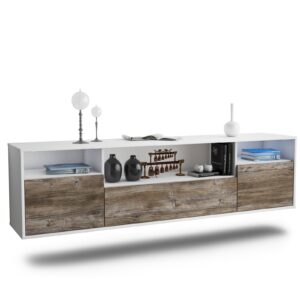 Lowboard Winston-Salem | hängend | Korpus Weiß | Front in Treibholz Holz Optik | 180x49x35cm (BxHxT)