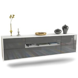 Lowboard Reno | hängend | Korpus Weiß | Front in Hochglanz Grau | 180x49x35cm (BxHxT)