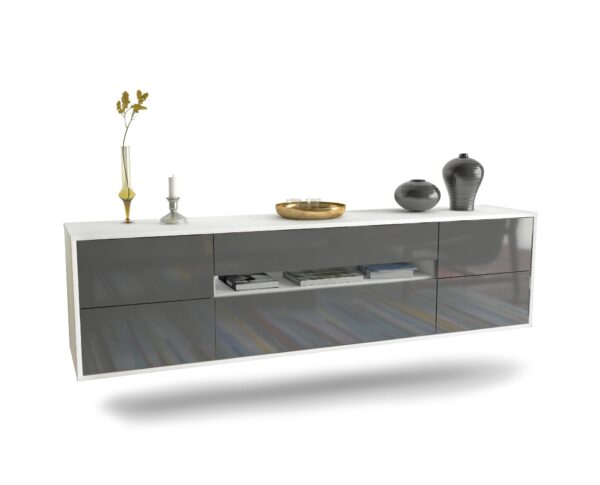 Lowboard Reno | hängend | Korpus Weiß | Front in Hochglanz Grau | 180x49x35cm (BxHxT)