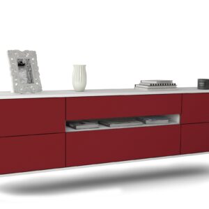 Lowboard Reno | hängend | Korpus Weiß | Front in Bordeaux | 180x49x35cm (BxHxT)