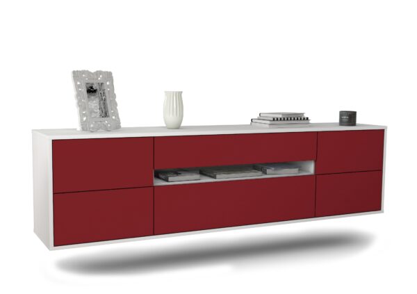 Lowboard Reno | hängend | Korpus Weiß | Front in Bordeaux | 180x49x35cm (BxHxT)