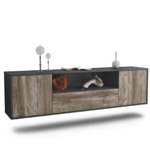 Lowboard Bakersfield | hängend | Korpus Anthrazit | Front in Treibholz Holz Optik | 180x49x35cm (BxHxT)