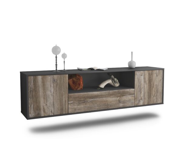 Lowboard Bakersfield | hängend | Korpus Anthrazit | Front in Treibholz Holz Optik | 180x49x35cm (BxHxT)