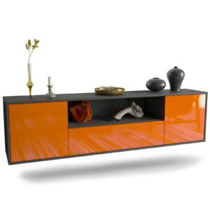 Lowboard Bakersfield | hängend | Korpus Anthrazit | Front in Hochglanz Orange | 180x49x35cm (BxHxT)