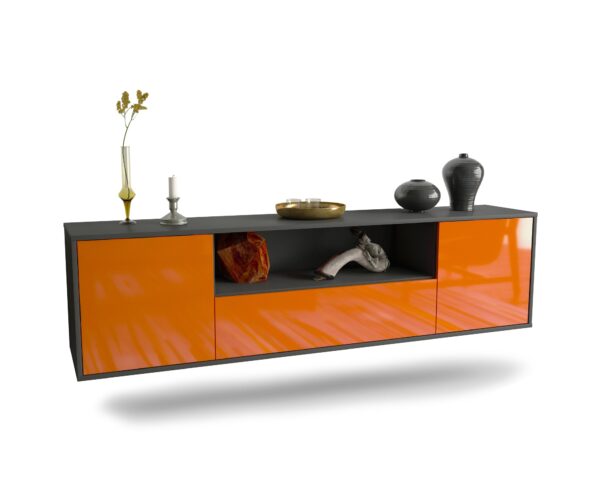 Lowboard Bakersfield | hängend | Korpus Anthrazit | Front in Hochglanz Orange | 180x49x35cm (BxHxT)