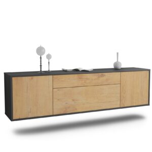 Lowboard Aurora | hängend | Korpus Anthrazit | Front in Eiche Holz Optik | 180x49x35cm (BxHxT)