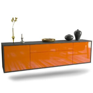 Lowboard Aurora | hängend | Korpus Anthrazit | Front in Hochglanz Orange | 180x49x35cm (BxHxT)