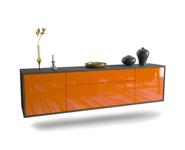 Lowboard Aurora | hängend | Korpus Anthrazit | Front in Hochglanz Orange | 180x49x35cm (BxHxT)