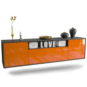 Lowboard Pittsburgh | hängend | Korpus Anthrazit | Front in Hochglanz Orange | 180x49x35cm (BxHxT)