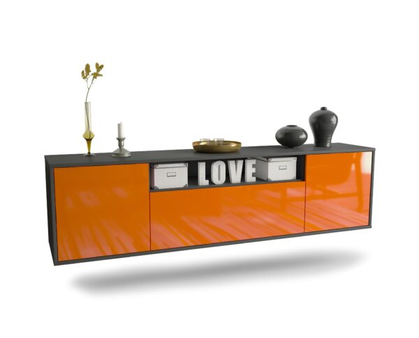 Lowboard Pittsburgh | hängend | Korpus Anthrazit | Front in Hochglanz Orange | 180x49x35cm (BxHxT)