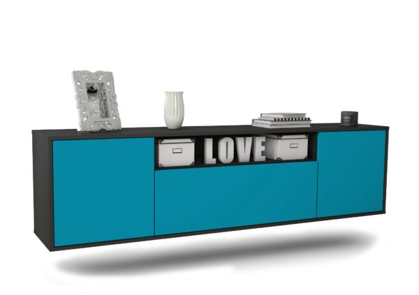 Lowboard Pittsburgh | hängend | Korpus Anthrazit | Front in Türkis | 180x49x35cm (BxHxT)