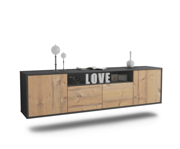 Lowboard Toledo | hängend | Korpus Anthrazit | Front in Pinie Holz Optik | 180x49x35cm (BxHxT)