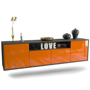 Lowboard Toledo | hängend | Korpus Anthrazit | Front in Hochglanz Orange | 180x49x35cm (BxHxT)