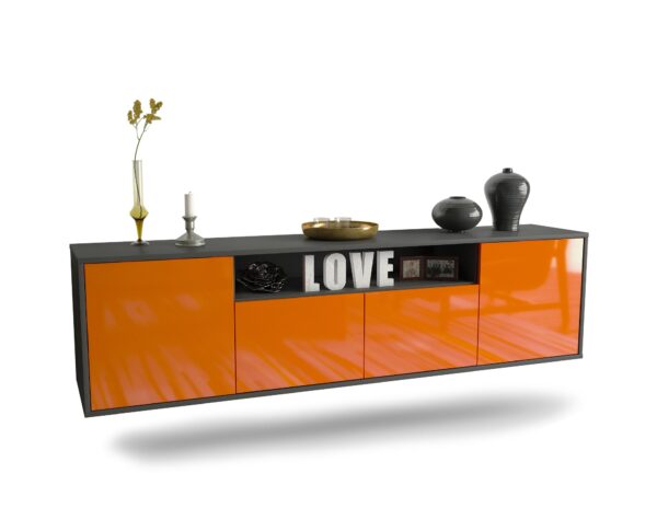 Lowboard Toledo | hängend | Korpus Anthrazit | Front in Hochglanz Orange | 180x49x35cm (BxHxT)