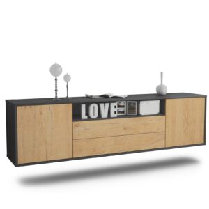 Lowboard Stockton | hängend | Korpus Anthrazit | Front in Eiche Holz Optik | 180x49x35cm (BxHxT)