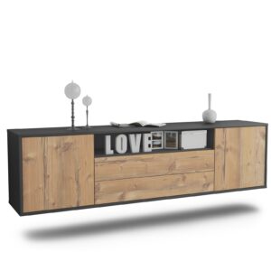 Lowboard Stockton | hängend | Korpus Anthrazit | Front in Pinie Holz Optik | 180x49x35cm (BxHxT)