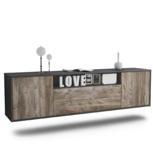 Lowboard Stockton | hängend | Korpus Anthrazit | Front in Treibholz Holz Optik | 180x49x35cm (BxHxT)