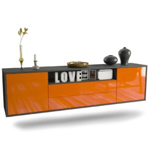 Lowboard Stockton | hängend | Korpus Anthrazit | Front in Hochglanz Orange | 180x49x35cm (BxHxT)